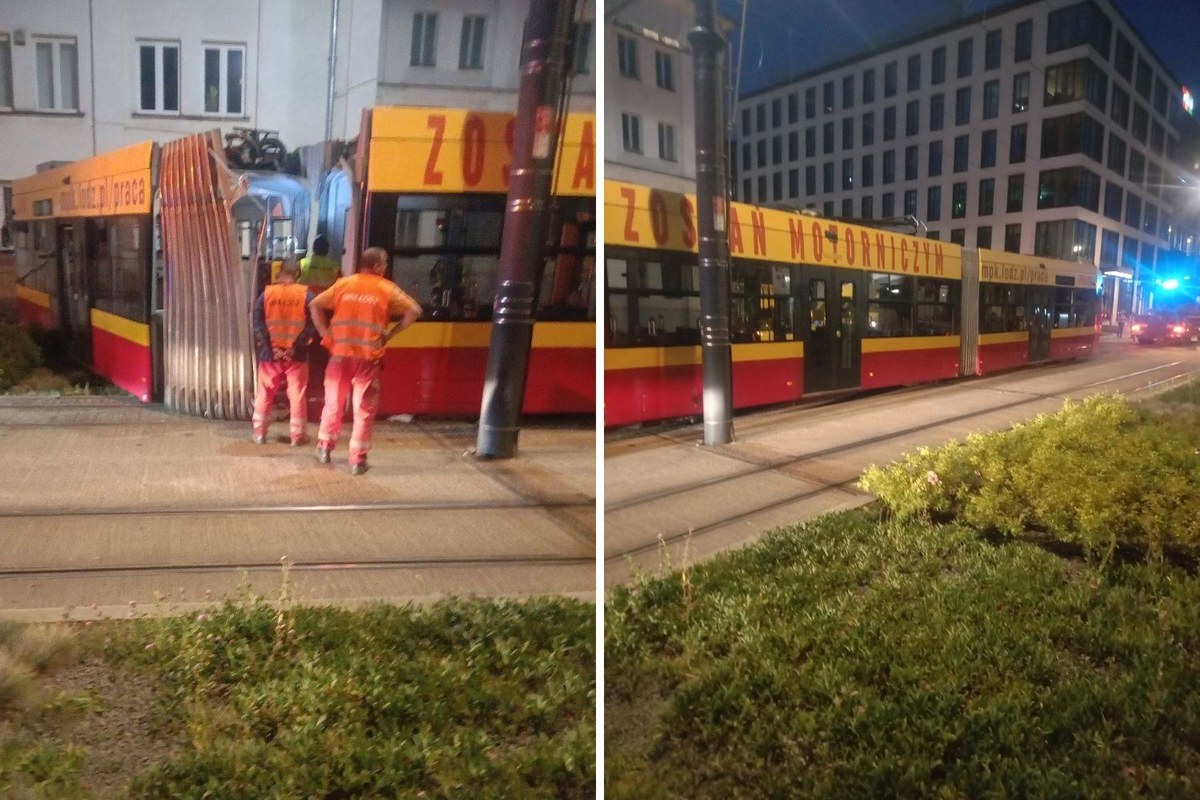 Tramwaj przełamał się na przegubie. Kolizja w Łodzi [ZDJĘCIA]