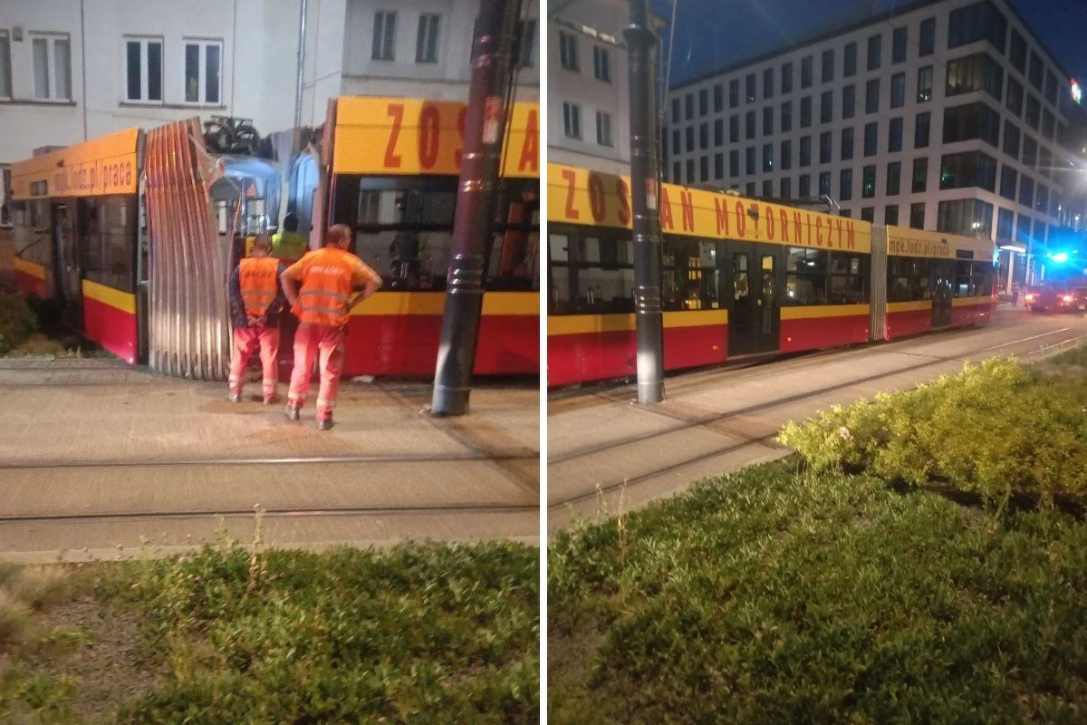 Kolizja samochodu osobowego z tramwajem w Łodzi. Na szczęście nikomu nic się nie stało, ale zdjęcia z miejsca zdarzenia, które otrzymaliśmy na Gorącą Linię RMF FM, pokazują uszkodzony w przegubie pojazd szynowy.