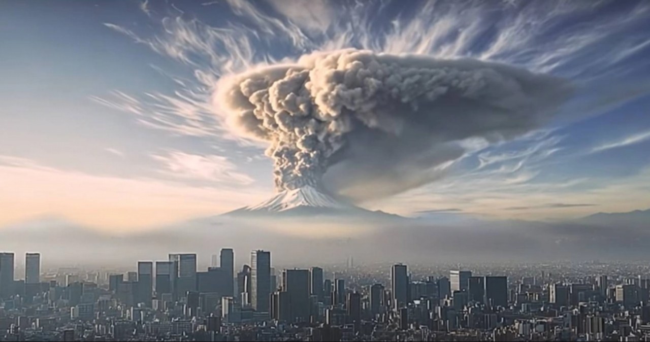 Gęste chmury dymu nad Fudżi. Japonia… uspokaja