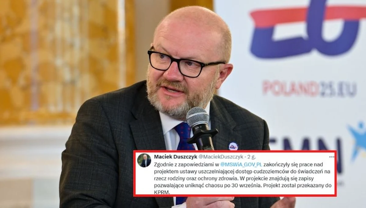 ​Przygotowany przez resort spraw wewnętrznych i administracji projekt ustawy uszczelniającej dostęp cudzoziemców do świadczeń na rzecz rodziny i ochrony zdrowia trafił do Kancelarii Prezesa Rady Ministrów - przekazał w poniedziałek za pośrednictwem mediów społecznościowych wiceminister spraw wewnętrznych i administracji Maciej Duszczyk.