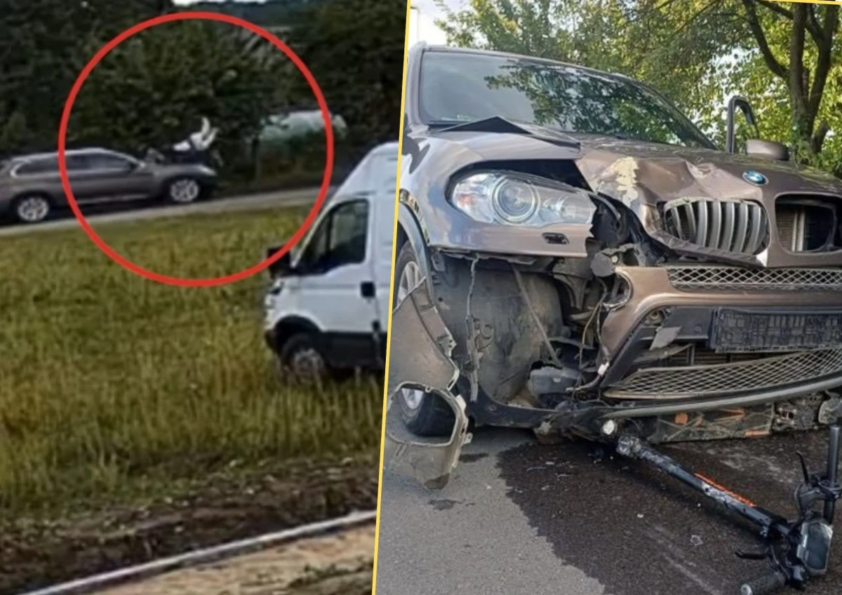 Dramatyczne sceny w Wilkowie-Osiedlu na Dolnym Śląsku. 23-latek na hulajnodze elektrycznej zderzył się czołowo z bmw. Do wypadku doszło podczas manewru wymijania.
