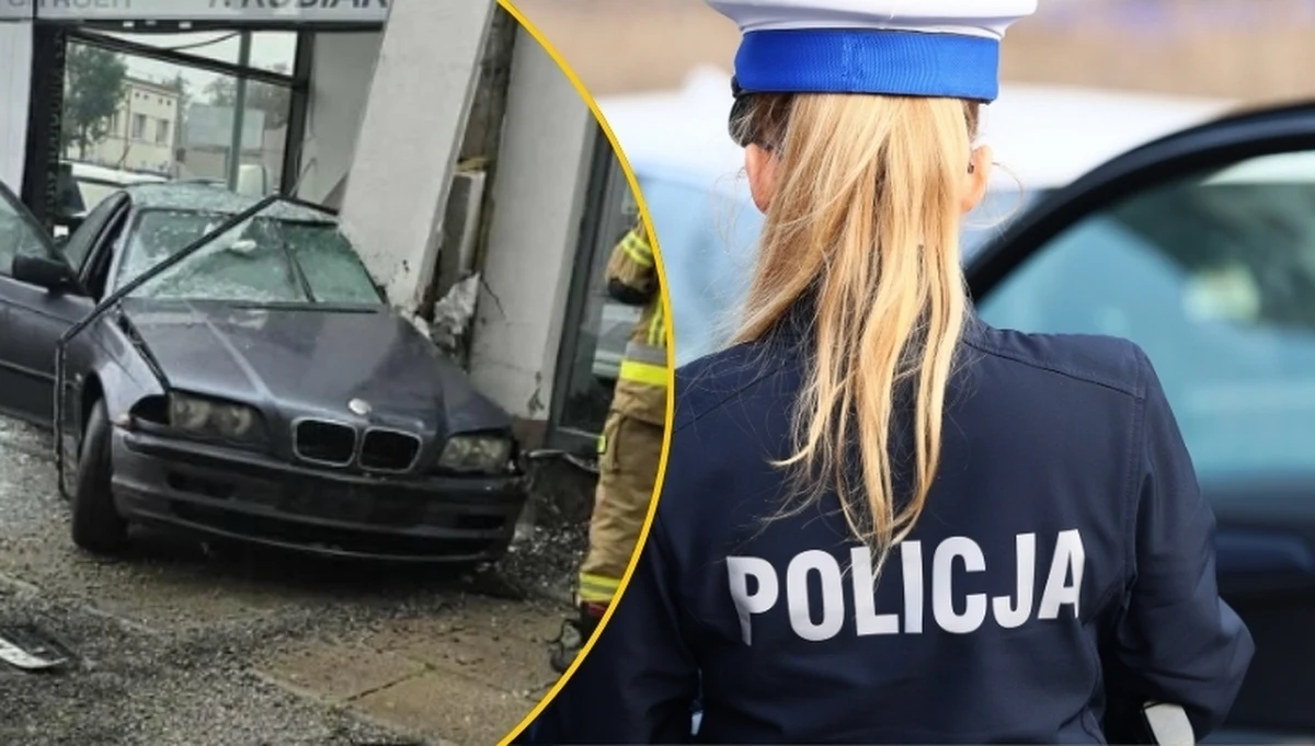 ​Niecodzienny wypadek w Łodzi. Kierujący bmw stracił panowanie nad autem i uderzył w salon samochodowy.