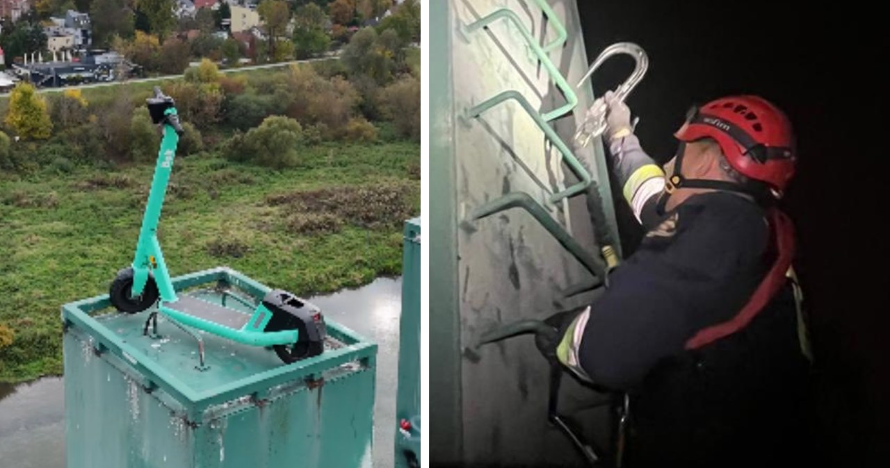 Ktoś zaparkował hulajnogę 40 metrów nad ziemią. Akcja strażaków w Krakowie