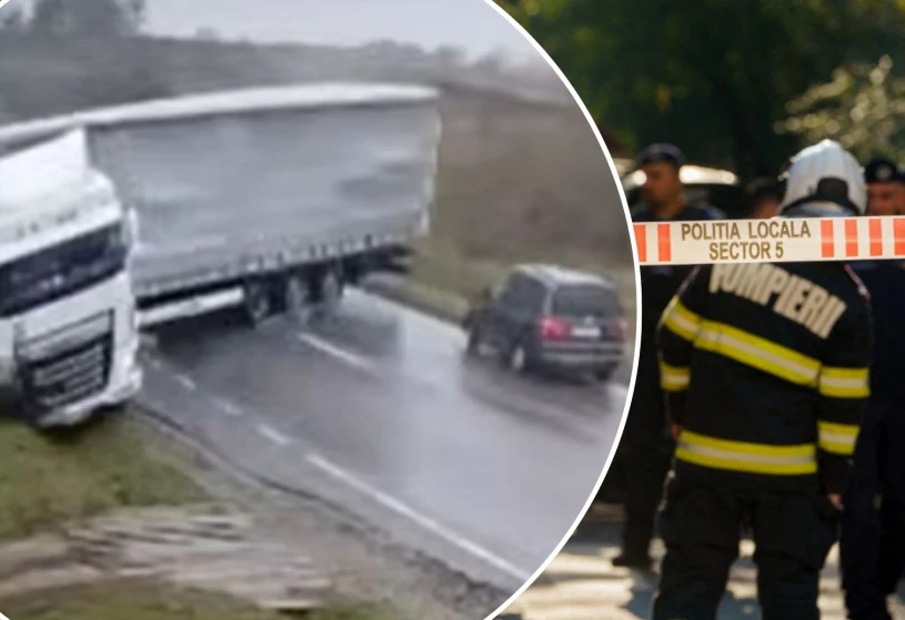 Przerażający wypadek w Rumunii. Ciężarówka w poślizgu zmiażdżyła samochód