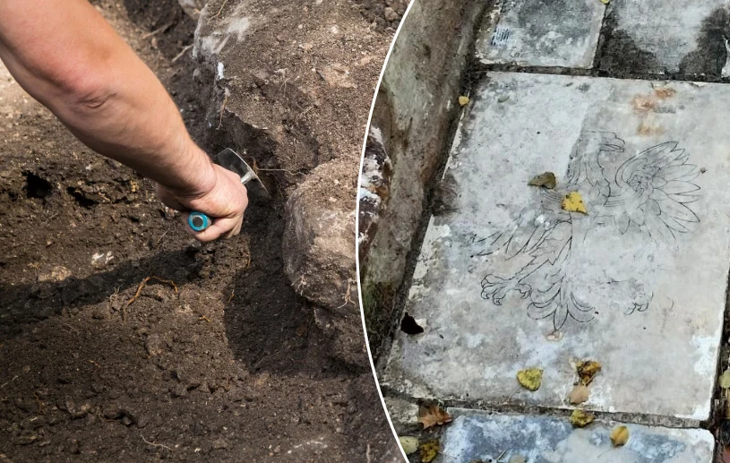Wykopaliska w Warszawie. Godło i napisy w zagadkowym pomieszczeniu