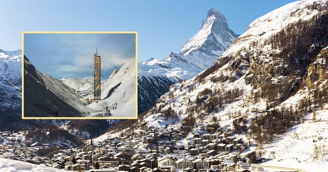 Wieżowiec większy od Varso Tower w surowym, alpejskim krajobrazie