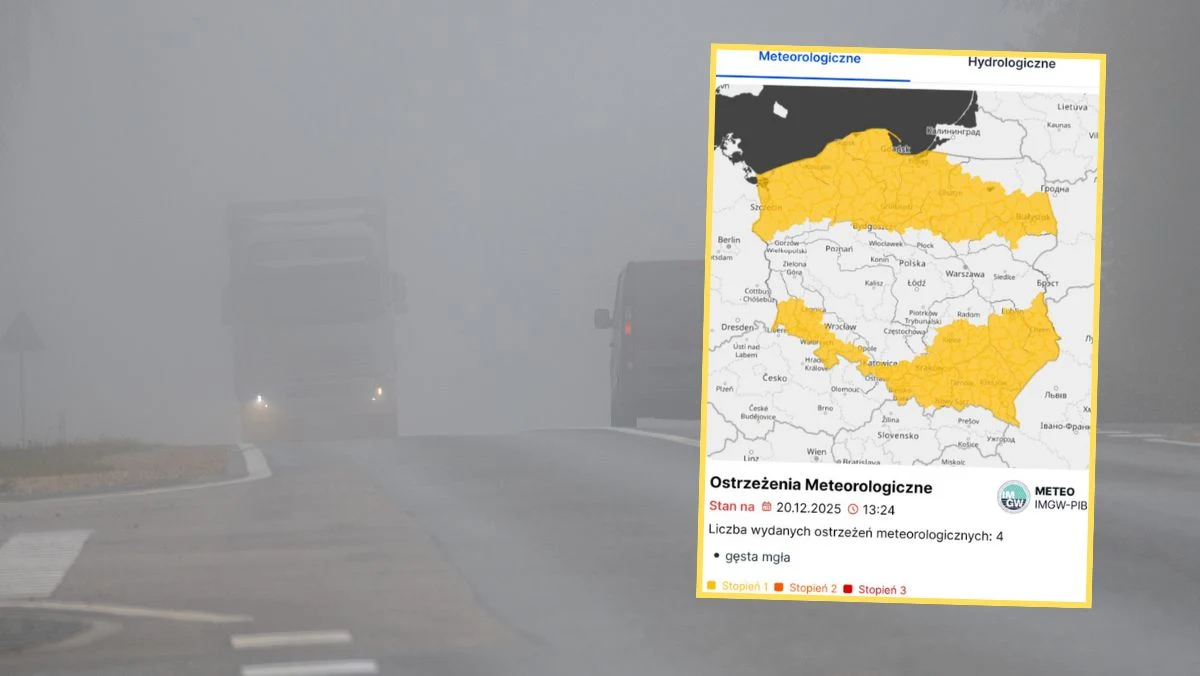 W piątek wieczorem doszło do poważnego karambolu na trasie S19 w województwie lubelskim - zderzyło się tam 18 samochodów. Przyczyną była gęsta mgła. Niestety, jak informuje synoptyczka IMGW Magdalena Pękała, niebezpiecznej pogody ciąg dalszy. Instytut Meteorologii i Gospodarki Wodnej wydał ostrzeżenia pierwszego stopnia przed gęstą mgłą dla 14 województw. Kierowcy i piesi powinni zachować szczególną ostrożność – widoczność może spaść nawet do 100 metrów.