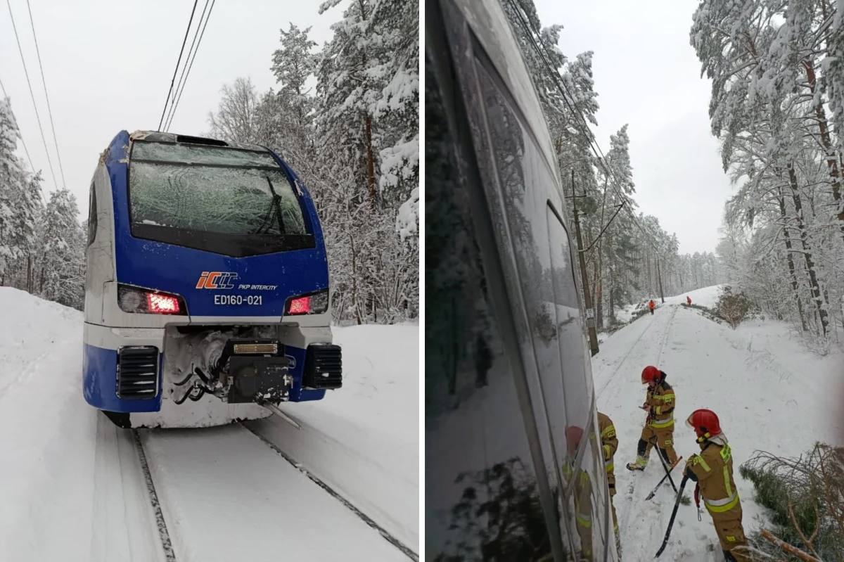 Do odwołania wstrzymany jest ruch pociągów na trasie Działdowo-Olsztyn (woj. warmińsko-mazurskie). Pociąg Intercity Kormoran z Olsztyna do Krakowa utknął rano w okolicach wsi Dobrzyń po tym, jak uderzył w zwisające nad torami drzewo. Przed południem skład ruszył w kierunku Olsztyna. 