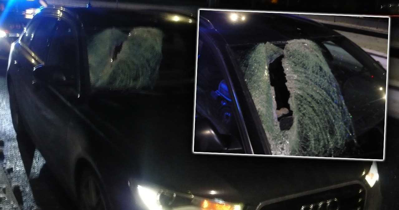 Niebezpieczny incydent na S5. Bryła lodu wbiła się w szybę osobówki Niebezpieczny incydent na S5. Bryła lodu wbiła się w szybę osobówki