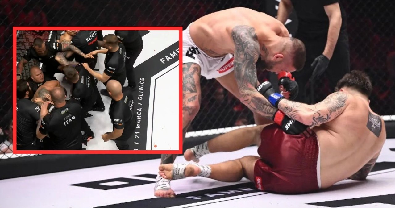 Awantura w klatce na FAME 29. Bomba skopał rywala po walce. Interwencja ochrony