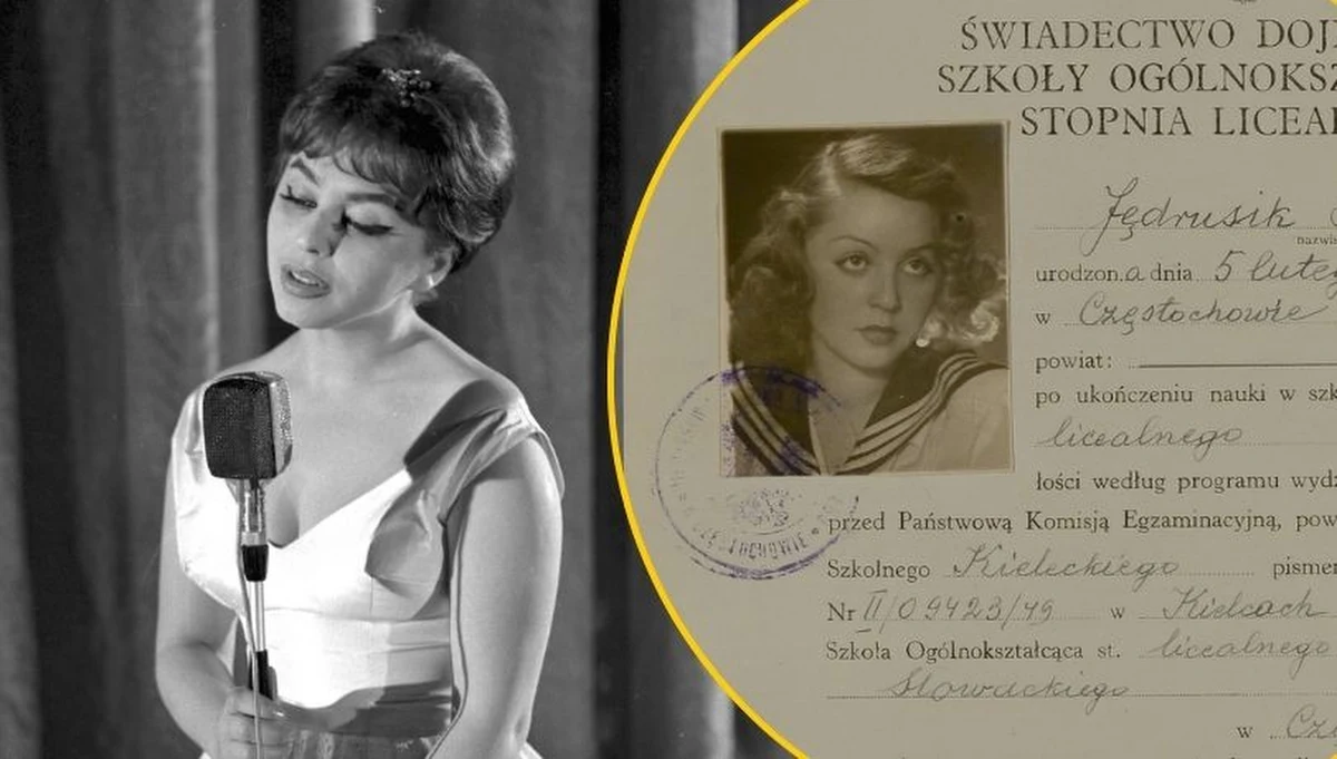 Kalina Jędrusik, aktorka i piosenkarka uważana za pierwszą seksbombę PRL-u, nazywana "polską Marilyn Monroe", obchodziłaby dzisiaj 95. urodziny. Z okazji tej rocznicy Archiwa Państwowe opublikowały skan jej świadectwa maturalnego z 1949 roku. Dokument z zasobu Archiwum Państwowego w Częstochowie zawiera m.in. nieznane zdjęcie 18-letniej Jędrusik w szkolnym mundurku, a także wykaz ocen.