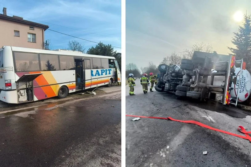 Zderzenie cysterny z autokarem, są poszkodowani. W akcji śmigłowce LPR