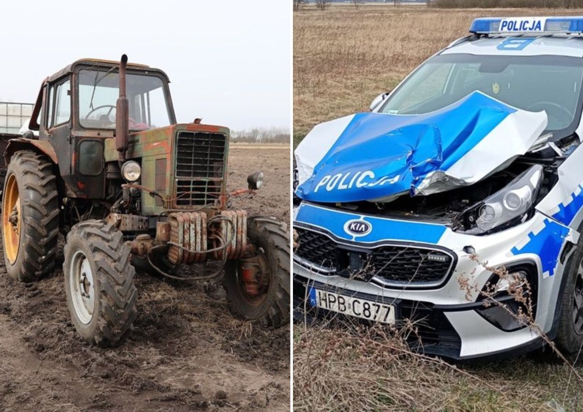 Szaleńczy pościg za traktorem. Radiowóz nie miał szans, obracało nim jak zabawką