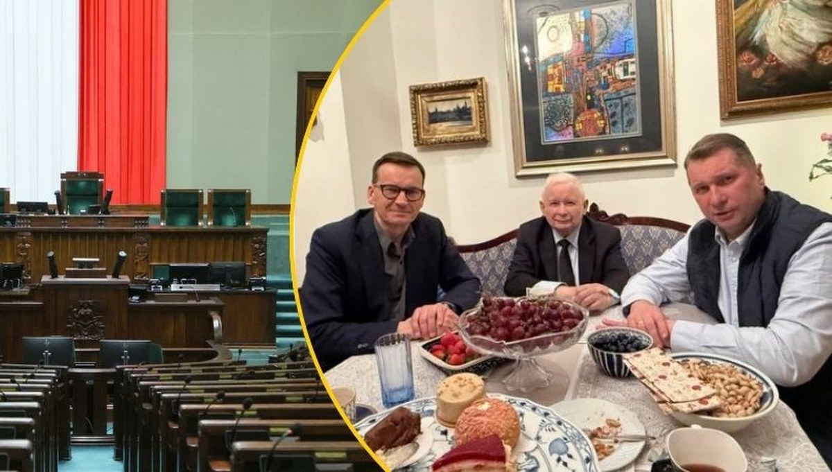 Polityczna uczta PiS. Kaczyński, Morawiecki, Czarnek, pistacje i truskawki