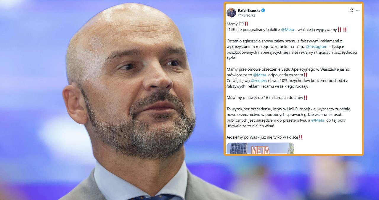 wide Rafał Brzoska oraz zrzut jego wpisu o postanowieniu Sądu Apelacyjnego w Warszawie