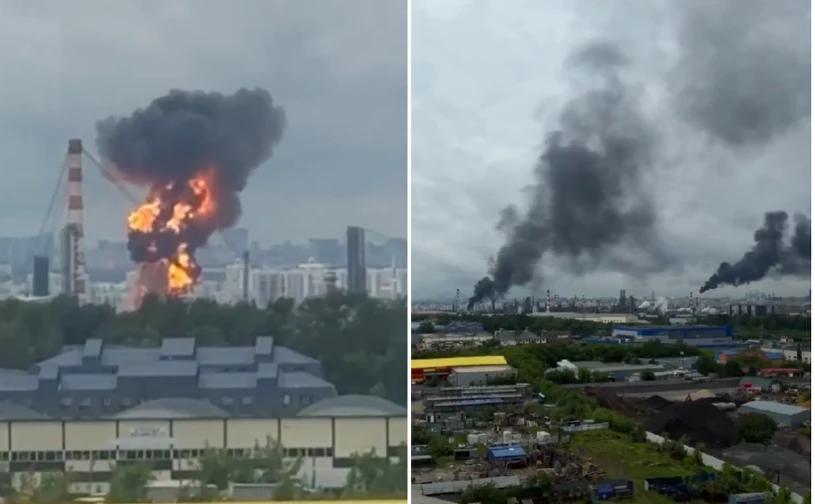 Potężny pożar w rejonie Moskwy. Słupy dymu po ataku Ukrainy