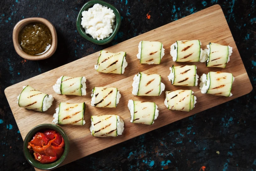Three quick summer party snacks: caprese skewers, watermelon with feta, savoury muffins