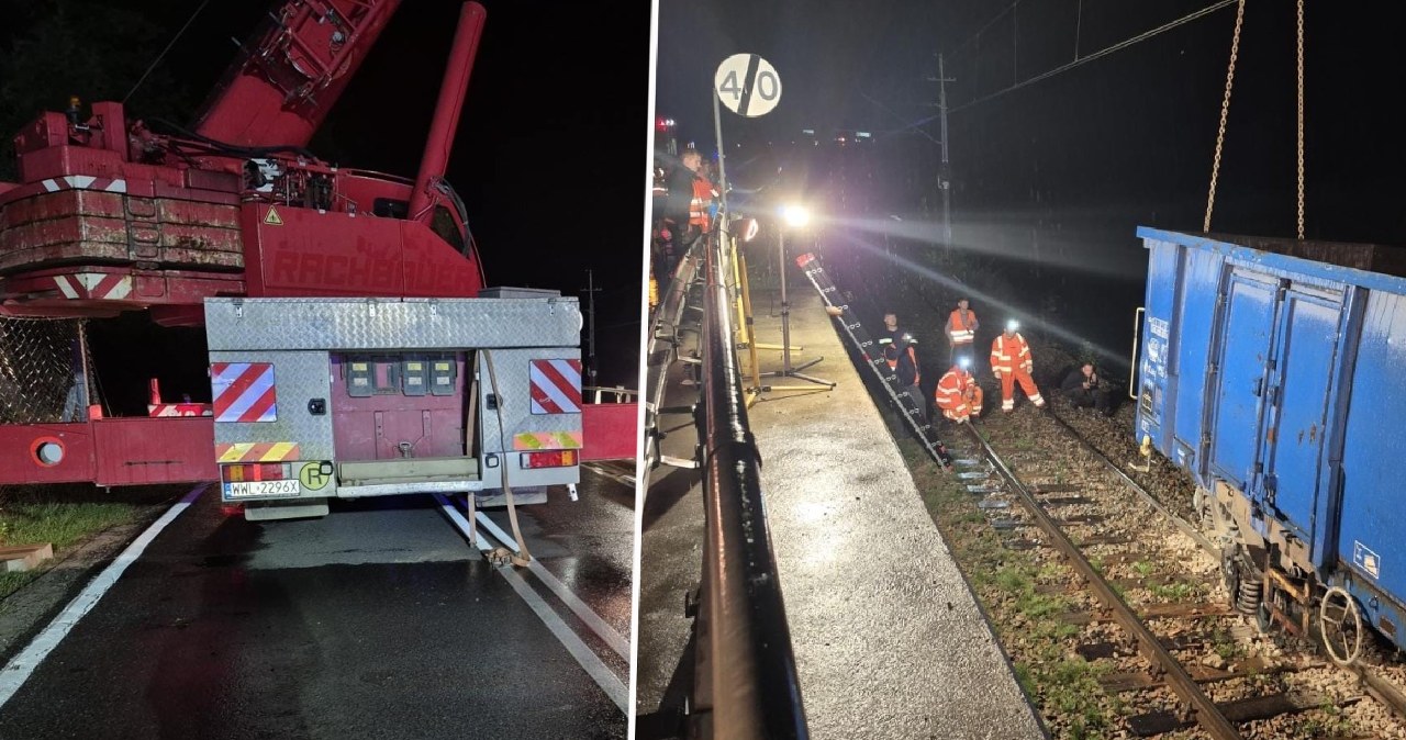 Małopolskie. Wykolejenie pociągu, wagony w wodzie. Akcja potrwa wiele cni Małopolskie. Wykolejenie pociągu, wagony w wodzie. Akcja potrwa wiele cni
