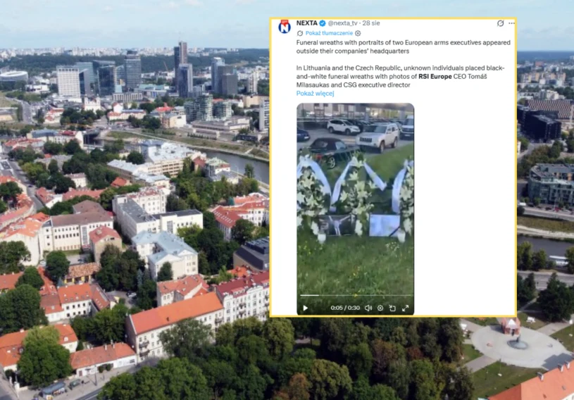 Wieńce pogrzebowe przed siedzibami firm zbrojących Ukrainę na Litwie i w Czechach