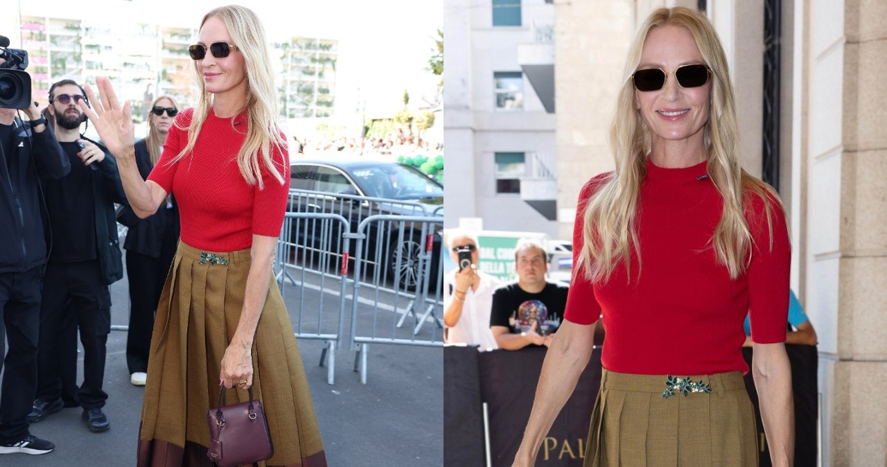 Uma Thurman na pokazie Prady. Jej stylizacja to hit dla kobiet po 50-tce