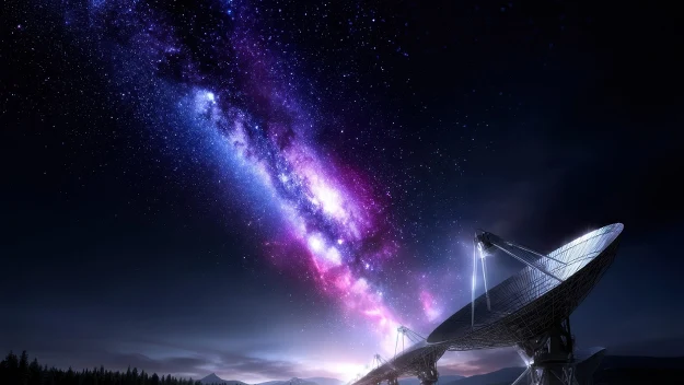 Ogromna antena radioteleskopu skierowana w stronę nocnego nieba rozświetlonego przez jasną Drogę Mleczną wśród milionów gwiazd, w tle wyraźnie widoczne pasmo gór i ciemna sylwetka lasu.