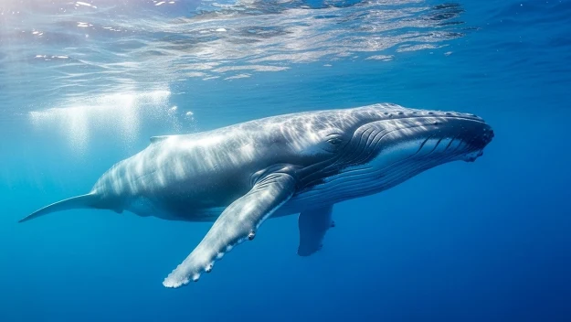 Płynący wieloryb w krystalicznie czystej, błękitnej wodzie oceanu, światło słoneczne delikatnie rozproszone na powierzchni wody. Płynący wieloryb w krystalicznie czystej, błękitnej wodzie oceanu, światło słoneczne delikatnie rozproszone na powierzchni wody.