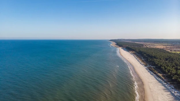 Szeroka, piaszczysta plaża rozciągająca się wzdłuż wybrzeża, z przylegającym lasem po prawej stronie i spokojnym, błękitnym morzem po lewej.