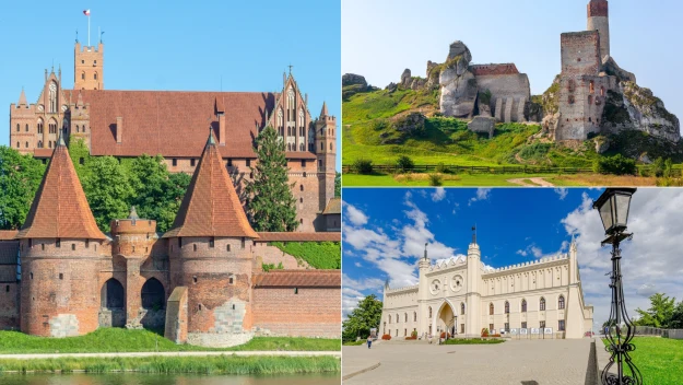Kompleks gotyckiego zamku ceglanego z wysokimi wieżami, ruiny kamiennej warowni na wzgórzu oraz biały neogotycki budynek z charakterystyczną wieżą i ozdobnymi detalami architektonicznymi.
