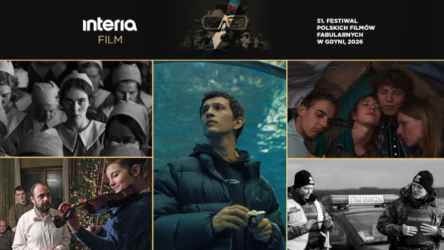 Kolorowy kolaż pięciu różnych ujęć filmowych, z centralnie ustawioną postacią młodego chłopaka w niebieskiej kurtce, otoczonego przez sceny z grupą pielęgniarek, młodzież w namiocie, kobietę grającą na skrzypcach oraz dwie osoby przy samochodzie z mega...