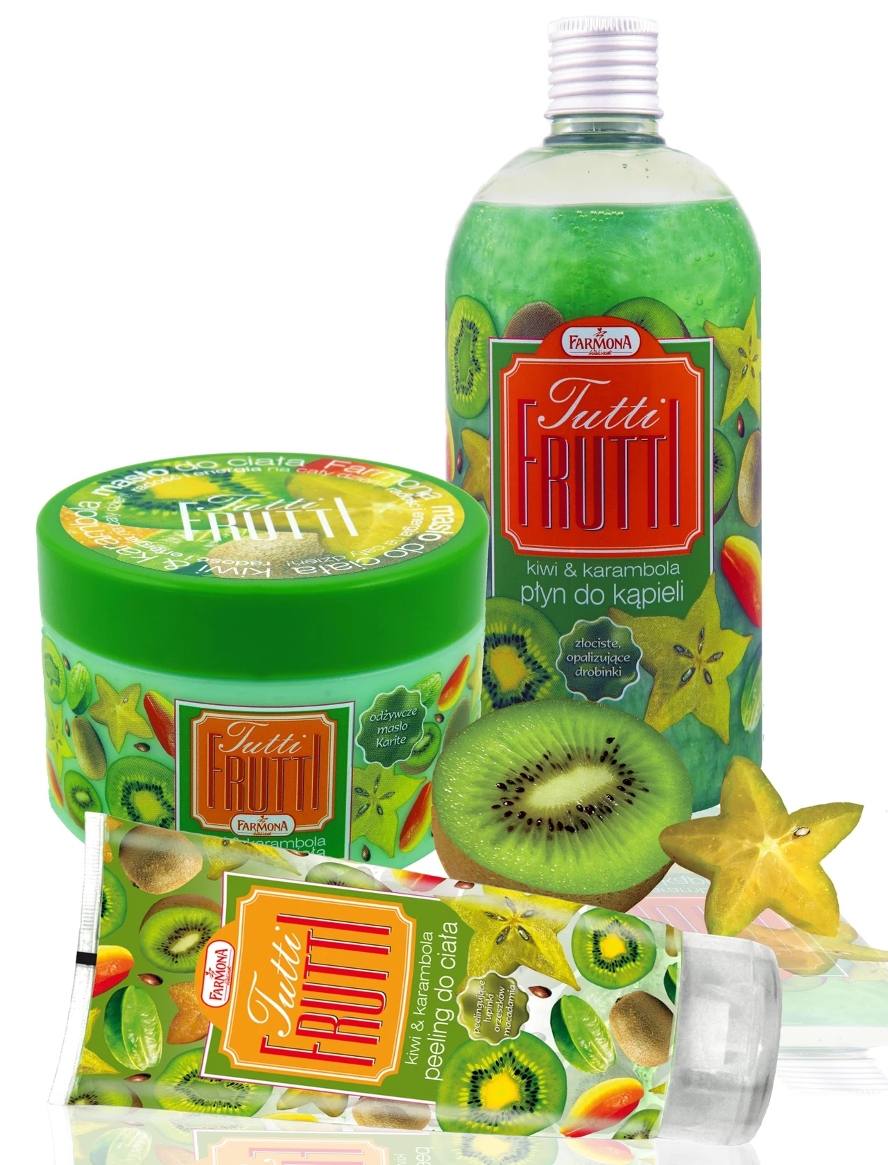 Zestawy kosmetyków Tutti Frutti: Kiwi & Karambola opalizujący płyn do kąpieli, Kiwi & Karambola masło do ciała, Kiwi & Karambola tropikalny peeling do ciała. Zestawy kosmetyków Tutti Frutti: Kiwi & Karambola opalizujący płyn do kąpieli, Kiwi & Karambola masło do ciała, Kiwi & Karambola tropikalny peeling do ciała.