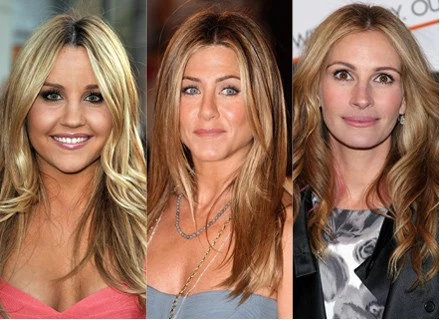 Z przedziałkiem pośrodku można zobaczyć: Amandę Bynes, Jennifer Aniston, Julię Roberts