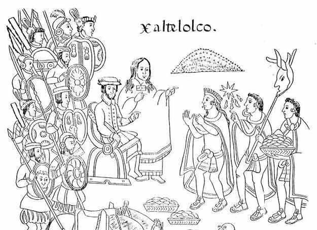 Malinche i Cortez w Tlatelolco na ilustracji z History of Tlaxcala z 1585 roku