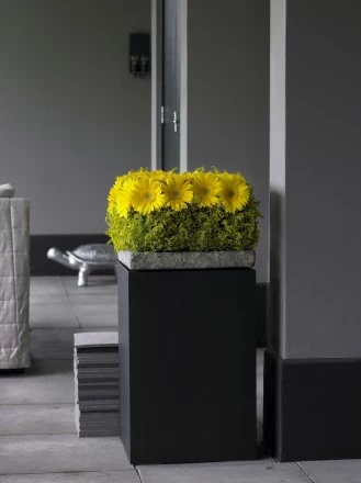 Styl nowoczesny. Gerbera i nawłoć. Łodygi żółtych gerber zostały owinięte żółtą nawłocią. W momencie, gdy kwiaty nawłoci dojrzeją, żółty kolor będzie jeszcze bardziej intensywny. 