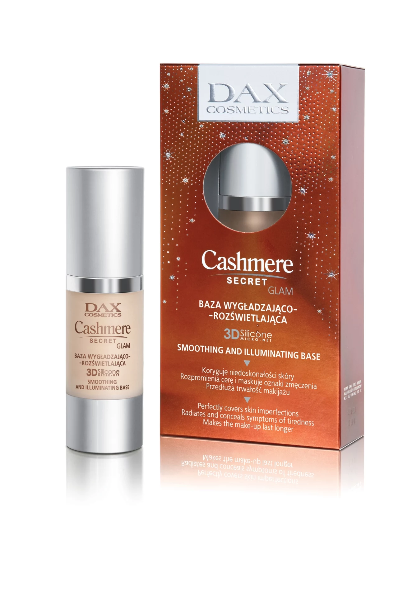 Baza wygładzająco-rozświetlająca CASHMERE Secret Glam. Kaszmirowa baza rozświetlająca do każdego rodzaju cery, ułatwiająca równomierne rozprowadzanie makijażu i przedłużająca jego trwałość. Mikrosiateczka przestrzennych silikonów 3D perfekcyjnie kryje niedoskonałości cery i delikatnie wyrównuje zmarszczki, dzięki czemu skóra staje się kaszmirowo gładka i idealnie miękka w dotyku. Rozświetlające mikropigmenty odbijając światło subtelnie ożywiają zmęczoną i poszarzałą cerę, nadając jej świeżość oraz zdrowy, promienny wygląd. Cena: 40 zł/30 ml. Kategoria: makijaż. Baza wygładzająco-rozświetlająca CASHMERE Secret Glam. Kaszmirowa baza rozświetlająca do każdego rodzaju cery, ułatwiająca równomierne rozprowadzanie makijażu i przedłużająca jego trwałość. Mikrosiateczka przestrzennych silikonów 3D perfekcyjnie kryje niedoskonałości cery i delikatnie wyrównuje zmarszczki, dzięki czemu skóra staje się kaszmirowo gładka i idealnie miękka w dotyku. Rozświetlające mikropigmenty odbijając światło subtelnie ożywiają zmęczoną i poszarzałą cerę, nadając jej świeżość oraz zdrowy, promienny wygląd. Cena: 40 zł/30 ml. Kategoria: makijaż.