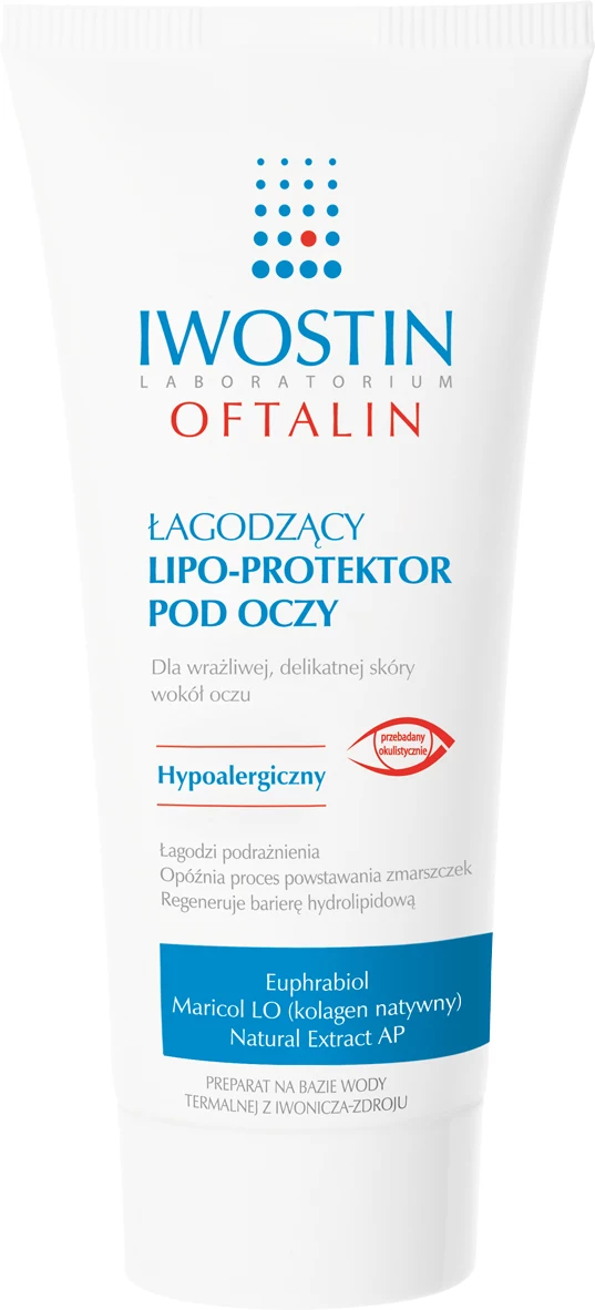 Linia kosmetyków do wrażliwej skóry wokół oczu Iwostin Oftalin. Linę Iwostin Oftalin powstałą we współpracy z lekarzami dermatologami i okulistami tworzą preparaty pielęgnacyjne: łagodzący lipo-protektor pod oczy, łagodzący roll-on pod oczy oraz kosmetyki do demakijażu: łagodzący dwufazowy płyn do demakijażu oczu, łagodzący płyn micelarny do demakijażu twarzy i oczu, łagodzące mleczko do demakijażu twarzy i oczu. Receptury zawierają opatentowane składniki aktywne (Euphrabiol, Maricol LO, Pullulan), które łagodzą podrażnienia, zwiększają odporność skóry na działanie czynników zewnętrznych oraz opóźniają proces powstawania zmarszczek. Cena: ok. 35 zł/szt. Kategoria: kosmetyki apteczne. Linia kosmetyków do wrażliwej skóry wokół oczu Iwostin Oftalin. Linę Iwostin Oftalin powstałą we współpracy z lekarzami dermatologami i okulistami tworzą preparaty pielęgnacyjne: łagodzący lipo-protektor pod oczy, łagodzący roll-on pod oczy oraz kosmetyki do demakijażu: łagodzący dwufazowy płyn do demakijażu oczu, łagodzący płyn micelarny do demakijażu twarzy i oczu, łagodzące mleczko do demakijażu twarzy i oczu. Receptury zawierają opatentowane składniki aktywne (Euphrabiol, Maricol LO, Pullulan), które łagodzą podrażnienia, zwiększają odporność skóry na działanie czynników zewnętrznych oraz opóźniają proces powstawania zmarszczek. Cena: ok. 35 zł/szt. Kategoria: kosmetyki apteczne.