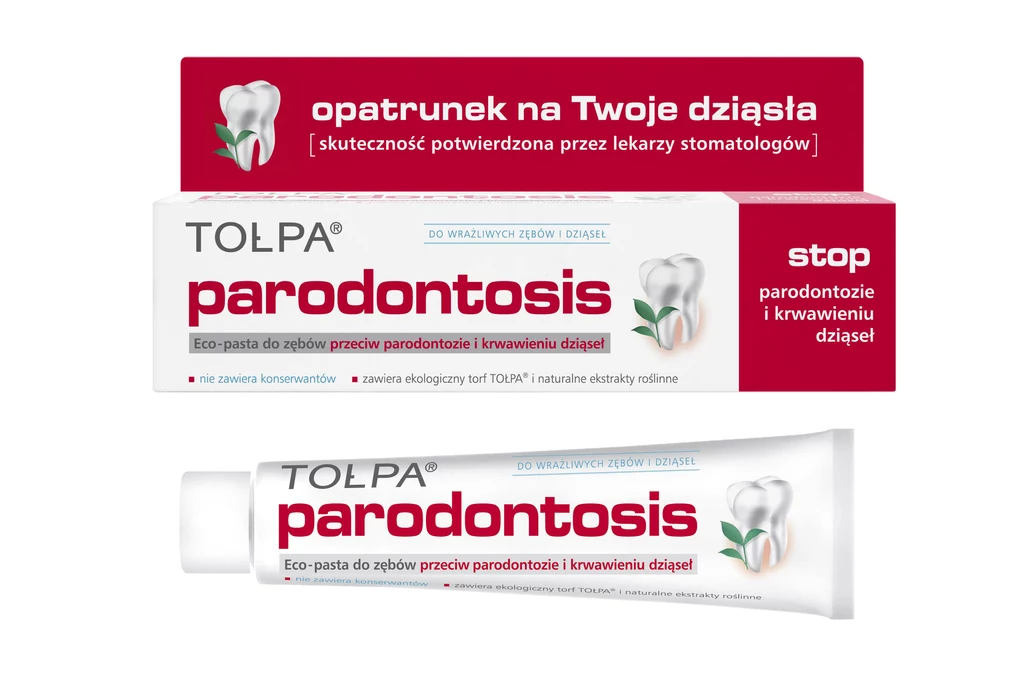 Lina TOŁPA® parodontosis. TOŁPA® parodontosis to gama naturalnych, specjalistycznych i bezpiecznych preparatów do higieny jamy ustnej przeciwdziałających parodontozie oraz wspomagających regenerację podrażnionych dziąseł. Główne funkcje produktów TOŁPA® parodontosis to przeciwdziałanie parodontozie, działanie kojące na podrażnione i zaczerwienione dziąsła, zapobieganie nadwrażliwości zębów, regeneracja i długotrwała ochrona zębów i dziąseł, a także działanie antybakteryjne i przeciwpróchnicze. W skład linii wchodzą pasta eco-pasta do zębów przeciw parodontozie (75 ml) oraz eco-koncentrat na dziąsła przeciw parodontozie (8 g). Cena: ok. 12 zł/szt. Kategoria: kosmetyki apteczne. Lina TOŁPA® parodontosis. TOŁPA® parodontosis to gama naturalnych, specjalistycznych i bezpiecznych preparatów do higieny jamy ustnej przeciwdziałających parodontozie oraz wspomagających regenerację podrażnionych dziąseł. Główne funkcje produktów TOŁPA® parodontosis to przeciwdziałanie parodontozie, działanie kojące na podrażnione i zaczerwienione dziąsła, zapobieganie nadwrażliwości zębów, regeneracja i długotrwała ochrona zębów i dziąseł, a także działanie antybakteryjne i przeciwpróchnicze. W skład linii wchodzą pasta eco-pasta do zębów przeciw parodontozie (75 ml) oraz eco-koncentrat na dziąsła przeciw parodontozie (8 g). Cena: ok. 12 zł/szt. Kategoria: kosmetyki apteczne.
