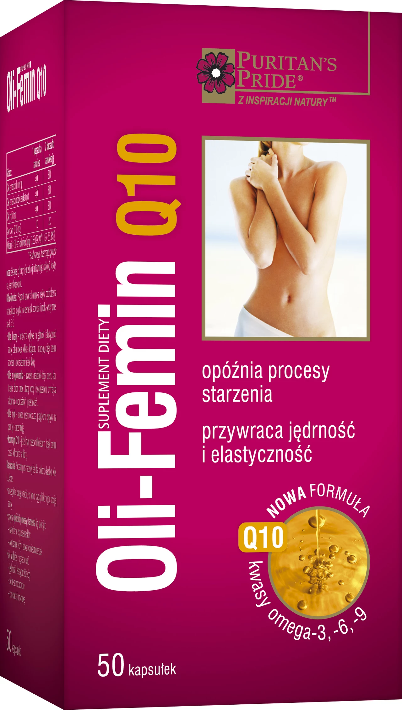 Oli-Femin Q10 - nutrikosmetyk przeciwzmarszczkowy z kwasami omega-3, -6, -9 i koenzymem Q10. Nowa formuła Oli-Femin z koenzymem Q10 jeszcze skuteczniej przeciwdziała efektom starzenia się skóry. Jedna kapsułka zawiera drogocenne kwasy omega-3, -6 i -9 oraz odmładzający koenzym Q10. Kwasy tłuszczowe z grupy omega mają silne właściwości odżywcze, poprawiają napięcie i jędrność skóry oraz opóźniają powstawanie zmarszczek. Cena: 52 zł/50 kapsułek. Kategoria: nutrikosmetyki. Oli-Femin Q10 - nutrikosmetyk przeciwzmarszczkowy z kwasami omega-3, -6, -9 i koenzymem Q10. Nowa formuła Oli-Femin z koenzymem Q10 jeszcze skuteczniej przeciwdziała efektom starzenia się skóry. Jedna kapsułka zawiera drogocenne kwasy omega-3, -6 i -9 oraz odmładzający koenzym Q10. Kwasy tłuszczowe z grupy omega mają silne właściwości odżywcze, poprawiają napięcie i jędrność skóry oraz opóźniają powstawanie zmarszczek. Cena: 52 zł/50 kapsułek. Kategoria: nutrikosmetyki.
