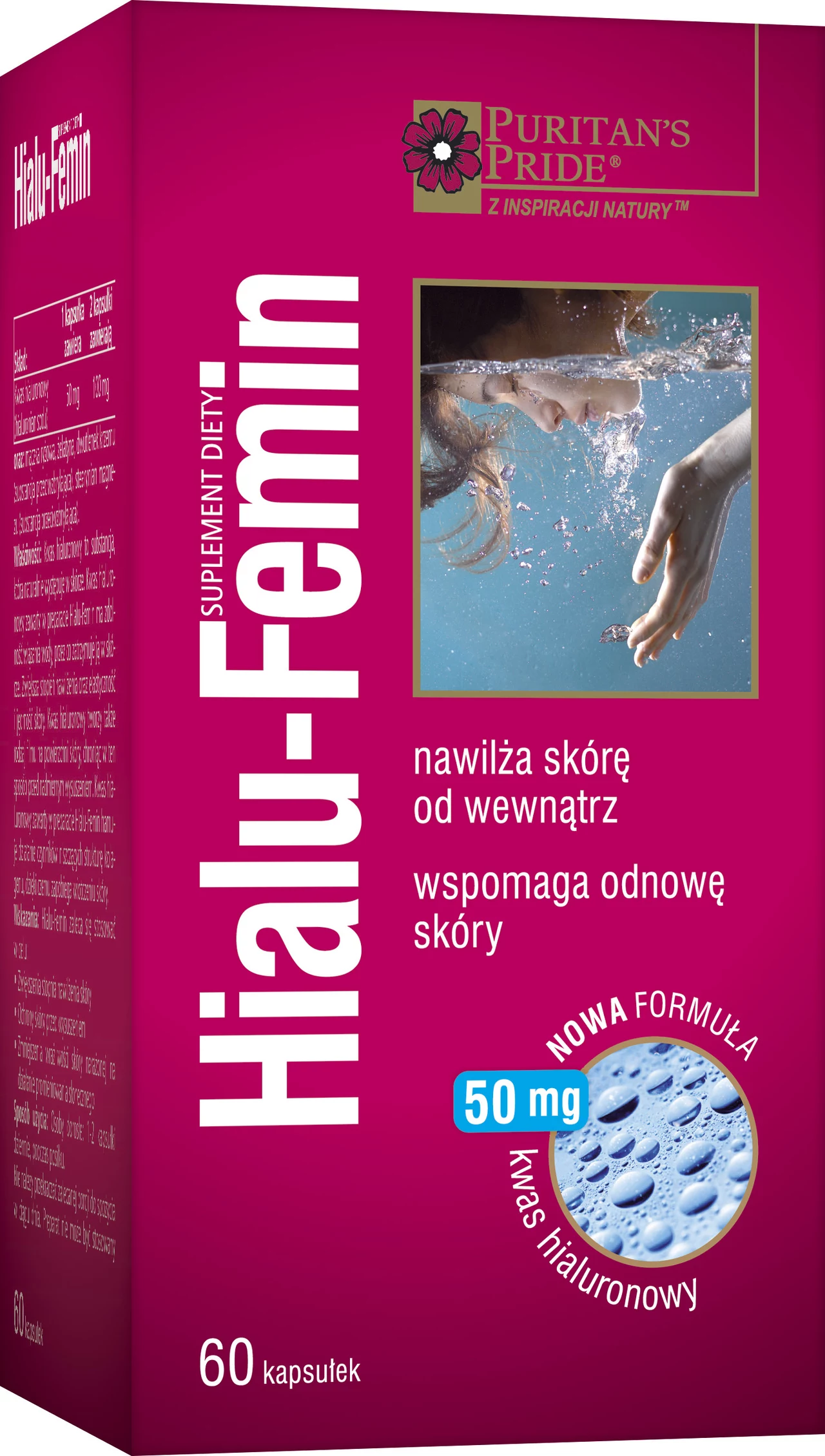 Hialu-Femin - nutrikosmetyk na bazie kwasu hialuronowego. Hialu-Femin to nowoczesny nutrikosmetyk na bazie wielkocząsteczkowego kwasu hialuronowego, który działa jak gąbka fizjologiczna, gromadząc wodę w skórze właściwej, poprawiając w ten sposób poziom jej nawilżenia. Kwas hialuronowy tworzy rodzaj wypełnienia pomiędzy włóknami kolagenu i elastyny, które odpowiadają za jędrność i elastyczność skóry. Nawilża skórę od wewnątrz, hamuje działanie czynników niszczących strukturę kolagenu, dzięki czemu zapobiega wiotczeniu skóry i opóźnia procesy starzenia. Chroni przed działaniem wolnych rodników oraz promieniowaniem słonecznym. Cena: 60 zł/60 kapsułek. Kategoria: nutrikosmetyki. Hialu-Femin - nutrikosmetyk na bazie kwasu hialuronowego. Hialu-Femin to nowoczesny nutrikosmetyk na bazie wielkocząsteczkowego kwasu hialuronowego, który działa jak gąbka fizjologiczna, gromadząc wodę w skórze właściwej, poprawiając w ten sposób poziom jej nawilżenia. Kwas hialuronowy tworzy rodzaj wypełnienia pomiędzy włóknami kolagenu i elastyny, które odpowiadają za jędrność i elastyczność skóry. Nawilża skórę od wewnątrz, hamuje działanie czynników niszczących strukturę kolagenu, dzięki czemu zapobiega wiotczeniu skóry i opóźnia procesy starzenia. Chroni przed działaniem wolnych rodników oraz promieniowaniem słonecznym. Cena: 60 zł/60 kapsułek. Kategoria: nutrikosmetyki.