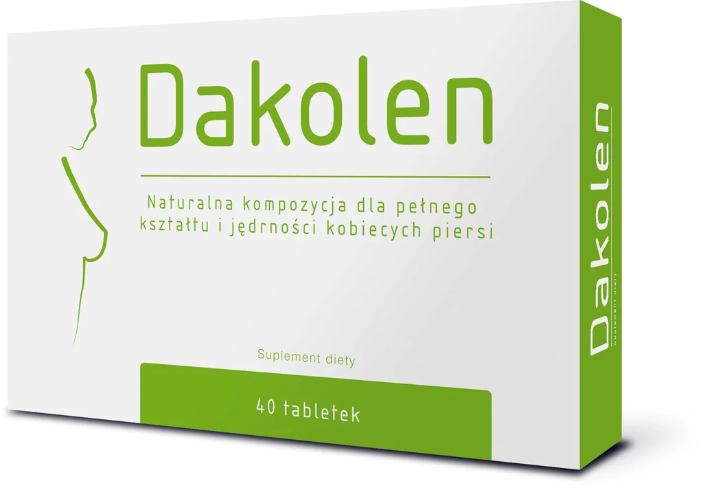 Dakolen zawiera naukowo opracowaną kompozycję substancji aktywnych, które pomagają uzyskać utracony kształt i jędrność biustu. Preparat polecany jest wszystkim kobietom: młodszym, by powiększyć piersi i nadać im pełną, seksowną linię oraz starszym, dla zachowania elastyczności i zdrowia tkanki biustu. Cena: 79 zł/40 tabletek. Kategoria: nutrikosmetyki. Dakolen zawiera naukowo opracowaną kompozycję substancji aktywnych, które pomagają uzyskać utracony kształt i jędrność biustu. Preparat polecany jest wszystkim kobietom: młodszym, by powiększyć piersi i nadać im pełną, seksowną linię oraz starszym, dla zachowania elastyczności i zdrowia tkanki biustu. Cena: 79 zł/40 tabletek. Kategoria: nutrikosmetyki.