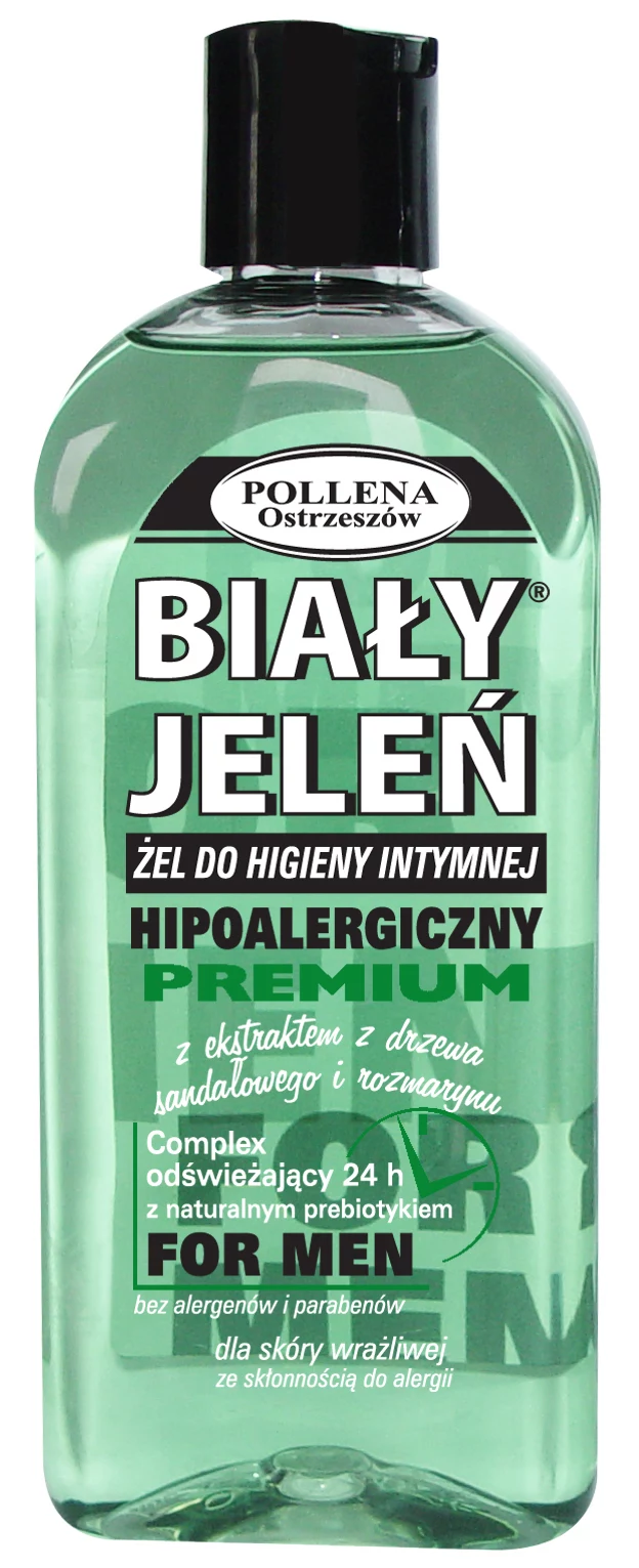 Żel do higieny intymnej Biały Jeleń Premium FOR MEN. Biały Jeleń hipoalergiczny żel do higieny intymnej z ekstraktem z drzewa sandałowego i rozmarynu to produkt do codziennej higieny ciała i intymnych miejsc mężczyzny. Systematyczne stosowanie żelu zapewnia komfortową czystość i uczucie pełnej świeżości, zmniejsza ryzyko występowania infekcji i korzystnie wpływa na błony śluzowe. Zastosowany ksylitol i laktitol jako naturalny prebiotyk utrzymują prawidłową równowagę ekosystemu mikroflory skóry, a składniki czynne zawarte w liściach rozmarynu, olejki eteryczne i di terpeny, mają silne działanie antybakteryjne, przeciwzapalne i tonizujące. PCG Pollena, 7,20 zł/300 ml. Kategoria: dla Niego. Żel do higieny intymnej Biały Jeleń Premium FOR MEN. Biały Jeleń hipoalergiczny żel do higieny intymnej z ekstraktem z drzewa sandałowego i rozmarynu to produkt do codziennej higieny ciała i intymnych miejsc mężczyzny. Systematyczne stosowanie żelu zapewnia komfortową czystość i uczucie pełnej świeżości, zmniejsza ryzyko występowania infekcji i korzystnie wpływa na błony śluzowe. Zastosowany ksylitol i laktitol jako naturalny prebiotyk utrzymują prawidłową równowagę ekosystemu mikroflory skóry, a składniki czynne zawarte w liściach rozmarynu, olejki eteryczne i di terpeny, mają silne działanie antybakteryjne, przeciwzapalne i tonizujące. PCG Pollena, 7,20 zł/300 ml. Kategoria: dla Niego.