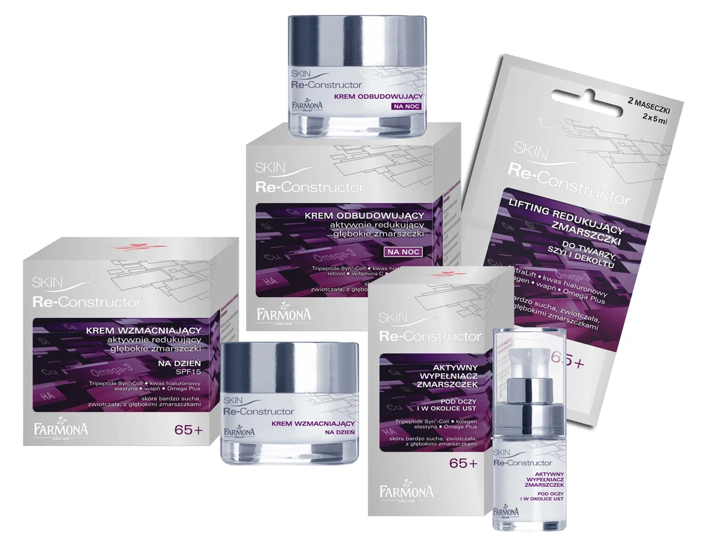 Linia Skin Reconstructror 65+. Najwyższej jakości, innowacyjna seria kosmetyków nowej generacji, stworzona dla skóry bardzo dojrzałej, która uzupełniając związane z wiekiem niedobory składników biologicznie czynnych zapewnia właściwą pielęgnację i ochronę skóry, skutecznie redukując objawy jej starzenia. Swoją skuteczność zawdzięcza takim składnikom jak: Tripeptide Syn®-Coll, SepiWhite®, Ceramidy, Inulina, Omega Plus oraz SilkySkin. W skład linii wchodzą krem wzmacniający aktywnie redukujący głębokie zmarszczki na dzień SPF 15, krem odbudowujący aktywnie redukujący głębokie zmarszczki na noc, aktywny wypełniacz zmarszczek pod oczy i w okolice ust oraz lifting redukujący zmarszczki do twarzy, szyi i dekoltu. Laboratorium Kosmetyków Naturalnych Farmona, 3-25 zł/szt. Kategoria: pielęgnacja twarzy. Linia Skin Reconstructror 65+. Najwyższej jakości, innowacyjna seria kosmetyków nowej generacji, stworzona dla skóry bardzo dojrzałej, która uzupełniając związane z wiekiem niedobory składników biologicznie czynnych zapewnia właściwą pielęgnację i ochronę skóry, skutecznie redukując objawy jej starzenia. Swoją skuteczność zawdzięcza takim składnikom jak: Tripeptide Syn®-Coll, SepiWhite®, Ceramidy, Inulina, Omega Plus oraz SilkySkin. W skład linii wchodzą krem wzmacniający aktywnie redukujący głębokie zmarszczki na dzień SPF 15, krem odbudowujący aktywnie redukujący głębokie zmarszczki na noc, aktywny wypełniacz zmarszczek pod oczy i w okolice ust oraz lifting redukujący zmarszczki do twarzy, szyi i dekoltu. Laboratorium Kosmetyków Naturalnych Farmona, 3-25 zł/szt. Kategoria: pielęgnacja twarzy.