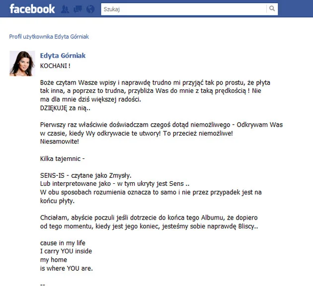 Fragment wpisu Edyty na Facebooku. Fragment wpisu Edyty na Facebooku.