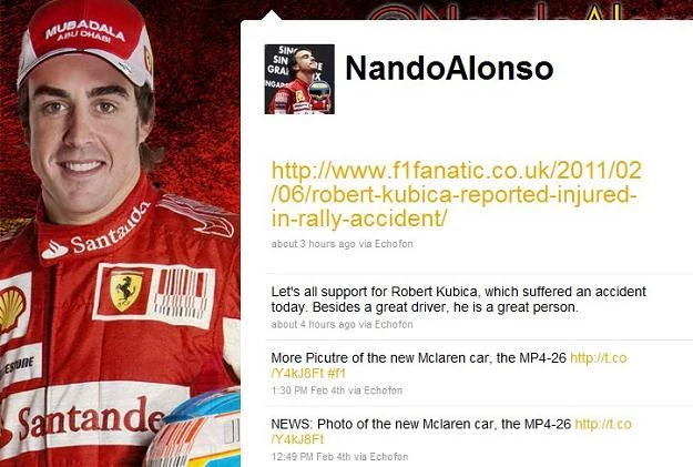 Fernando Alonso na swoim Twitterze życzy Robertowi Kubicy powrotu do zdrowia