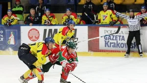 Hokeiści z Nowego Targu (żółte stroje) po dogrywce pokonali zespół z Sosnowca/fot. Tadeusz Bącal