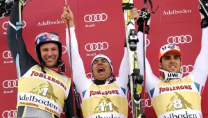 Od lewej:Aksel Lund Svindal, Cyprien Richard i trzeci na mecie Thomas Fanara
