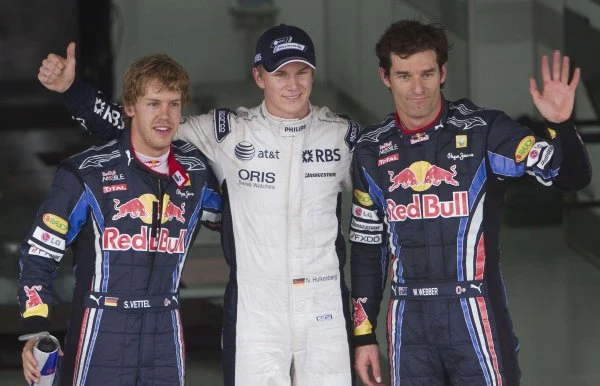 Sebastian Vettel (z lewej), Nico Hulkenberg  (w środku) i Mark Webber.