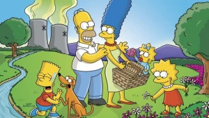 Rodzina Simpsonów na tle elektrowni atomowej w Springfield 