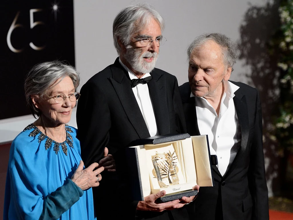 Reżyser Michael Haneke oraz aktorzy grający główne role w nagrodzonym filmie "Miłość": Emmanuelle Riva i Jean-Louis Trintignant 