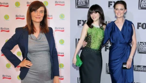 Po lewej Emily Deschanel w ciąży, a obok, już po porodzie w towarzystwie swojej siostry Zooey