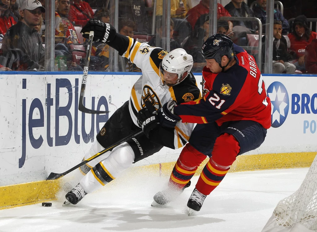 Z lewej Dennis Seidenberg z Boston Bruins Z lewej Dennis Seidenberg z Boston Bruins